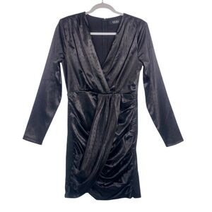 AKIRA‎ Black Long Sleeve Ruched Wrap Mini Dress Dotted Satin Size M